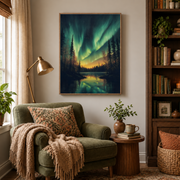 Reading nook mockup of northern lights forest lake canvas wall art above an armchair