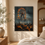 Bedroom mockup of ferris wheel over burning city canvas wall art in a softly lit neutral room