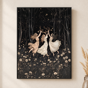 Framed canvas wall art depicting three women in flowing white ballet dresses dancing beneath dark trees on a neutral wall