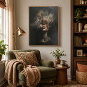Reading nook mockup of woman in smoke canvas wall art above an armchair