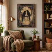 Reading nook mockup of black birds full moon canvas wall art above an armchair