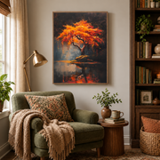 Reading nook mockup of orange tree lake reflection canvas wall art above an armchair