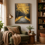 Reading nook mockup of golden autumn forest road canvas wall art above an armchair