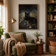 Reading nook mockup of black cat in wildflowers canvas wall art above an armchair