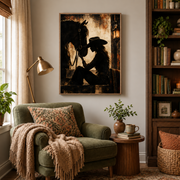 Reading nook mockup of cowgirl and horse canvas wall art above an armchair