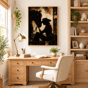 Home office mockup of cowgirl and horse canvas wall art above a wood desk