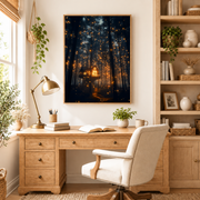 Home office mockup of glowing tent in firefly forest canvas wall art above a wood desk