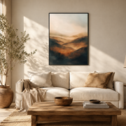 Living room mockup of misty mountain sunset canvas wall art above a light sofa