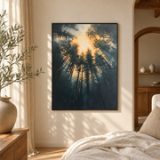 Bedroom mockup of sun rays through pine trees canvas wall art in a softly lit neutral room