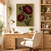 Home office mockup of burgundy peony botanical canvas wall art above a wood desk