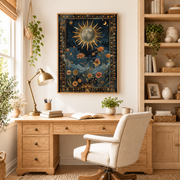 Home office mockup of sun and moon botanical canvas wall art above a wood desk