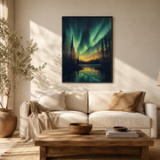 Living room mockup of northern lights forest lake canvas wall art above a light sofa