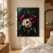 Bedroom mockup of deep burgundy peony canvas wall art in a softly lit neutral room