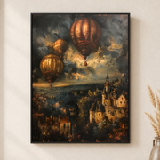 Framed canvas wall art depicting glowing antique hot air balloons hovering over a quaint village in golden twilight on a neutral wall