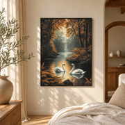 Bedroom mockup of white swans on woodland lake canvas wall art in a softly lit neutral room