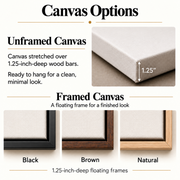 Canvas options guide showing unframed gallery wrap and black, brown, and natural wood floating frames