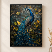 Framed canvas wall art depicting a brilliant blue peacock surrounded by gold vines and dark leafy blooms on a neutral wall