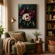 Reading nook mockup of deep burgundy peony canvas wall art above an armchair
