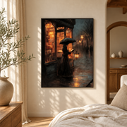 Bedroom mockup of rainy storefront umbrella canvas wall art in a softly lit neutral room
