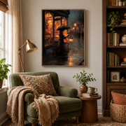 Reading nook mockup of rainy storefront umbrella canvas wall art above an armchair