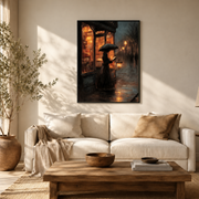 Living room mockup of rainy storefront umbrella canvas wall art above a light sofa