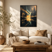 Living room mockup of northern lights lake canvas wall art above a light sofa