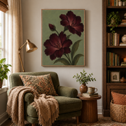 Reading nook mockup of burgundy poppy canvas wall art above an armchair