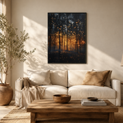 Living room mockup of firefly forest canvas wall art above a light sofa