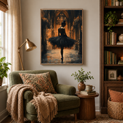 Reading nook mockup of ballerina in cathedral canvas wall art above an armchair