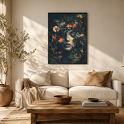 Living room mockup of woman with flowers canvas wall art above a light sofa