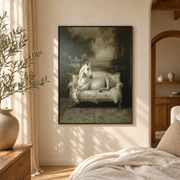 Bedroom mockup of white horse on sofa canvas wall art in a softly lit neutral room