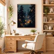 Home office mockup of blue pine forest fireflies canvas wall art above a wood desk