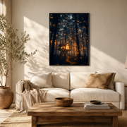Living room mockup of glowing tent in firefly forest canvas wall art above a light sofa