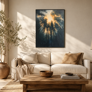 Living room mockup of sun rays through pine trees canvas wall art above a light sofa