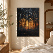 Bedroom mockup of firefly forest canvas wall art in a softly lit neutral room