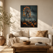 Living room mockup of ferris wheel over burning city canvas wall art above a light sofa