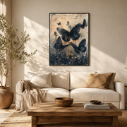 Living room mockup of black butterfly canvas wall art above a light sofa