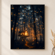 Framed canvas wall art depicting a warm illuminated tent nestled among tall pines and golden fireflies on a neutral wall