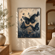 Bedroom mockup of black butterfly canvas wall art in a softly lit neutral room