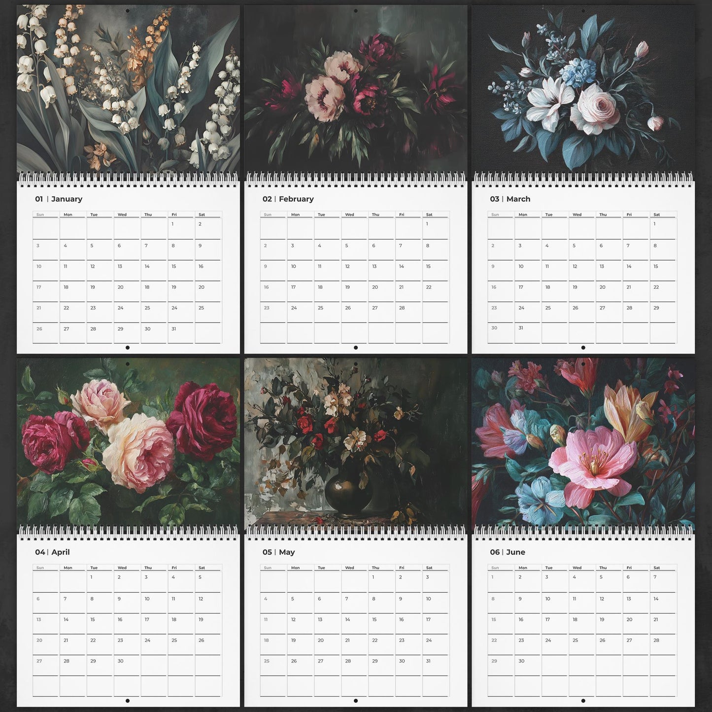 Moody Floral Wall Art Calendar, Dark Academia Decor Office Gift,