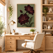 Home office mockup of burgundy poppy canvas wall art above a wood desk