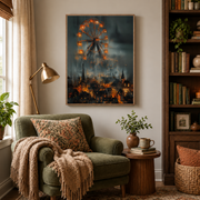Reading nook mockup of ferris wheel over burning city canvas wall art above an armchair