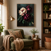 Reading nook mockup of burgundy and cream peony canvas wall art above an armchair