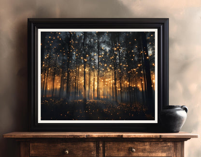 Magical Forest Art Print – Enchanted Night Landscape Canvas With Firefly Wall Decor