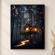 Framed canvas wall art depicting a warmly glowing treehouse nestled high among pine trees and fireflies on a neutral wall