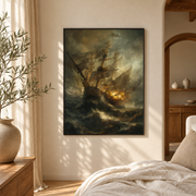 Bedroom mockup of stormy sailing ship canvas wall art in a softly lit neutral room
