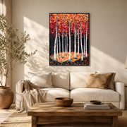 Living room mockup of bright birch forest canvas wall art above a light sofa