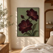 Bedroom mockup of burgundy poppy canvas wall art in a softly lit neutral room