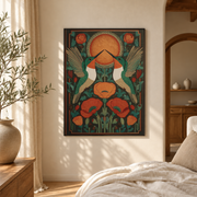 Bedroom mockup of art nouveau moth and poppy canvas wall art in a softly lit neutral room