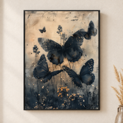 Framed canvas wall art depicting dark butterflies scattered across a soft gray botanical background on a neutral wall